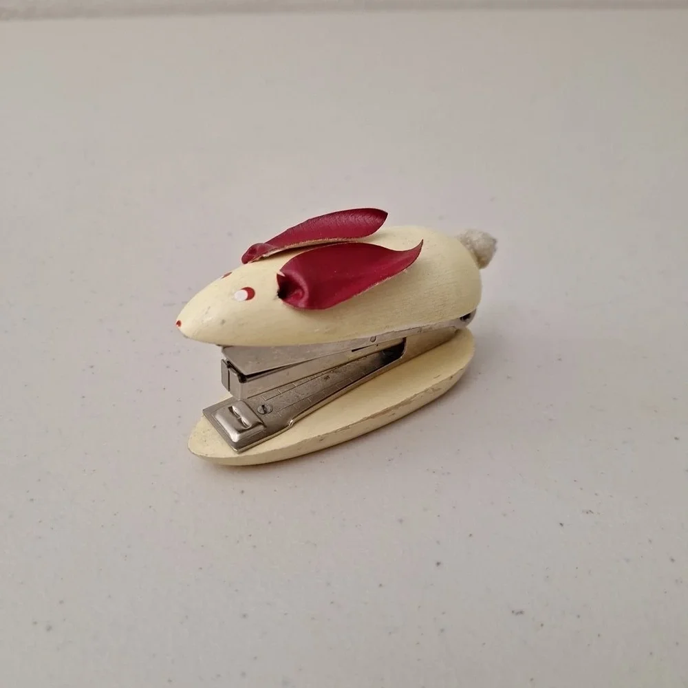 Vintage WOODEN MOUSE STAPLER 1950's Mid-Century Modern Leather Ears Painted